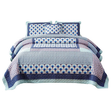 Mediterranean Mid-Century Patchwork  Waves Blue Quilted Bedspread Set, Twin