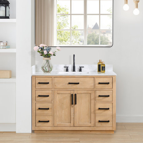 Gavino Vanity With Grain White Composite Stone Top, Light Brown/Matte Black, 48", No Mirror