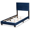 Elegant Twin Platform Bed, Channel Navy Blue Velvet Headboard & Silver Nailhead