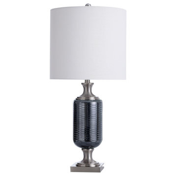 Silvio Etched Glass Table Lamp, Silver, Dark Gray Smoked Glass & Off White Shade