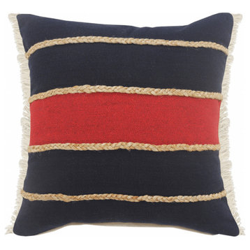 20" X 20" Navy Red And Tan 100% Cotton Striped Zippered Pillow