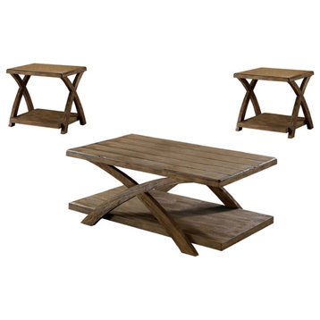 Furniture of America Pederson Rustic Wood 3-Piece Coffee Table Set in Oak