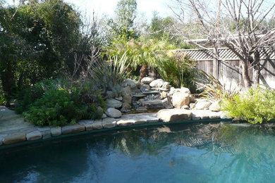Example of a mid-sized classic backyard stone and kidney-shaped natural pool fountain design in Santa Barbara