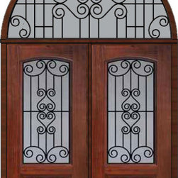 Prehung Transom Double Door 80 Fiberglass Verona Arch Lite GBG Glass - Front Doors