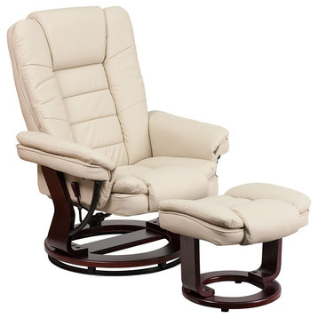 Contemporary Recliner With Ottoman, Comfortable LeatherSoft Upholstery, Beige