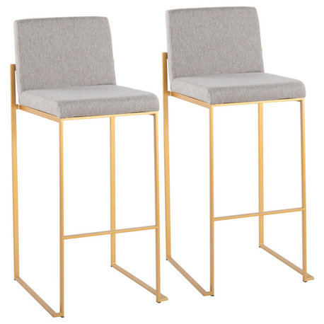 Fuji High Back Barstool, Set of 2, Gold Steel, Gray Fabric