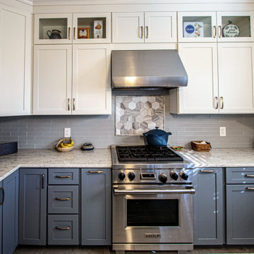 Two Tone Medallion White and Blue Kitchen with Gray Backsplash