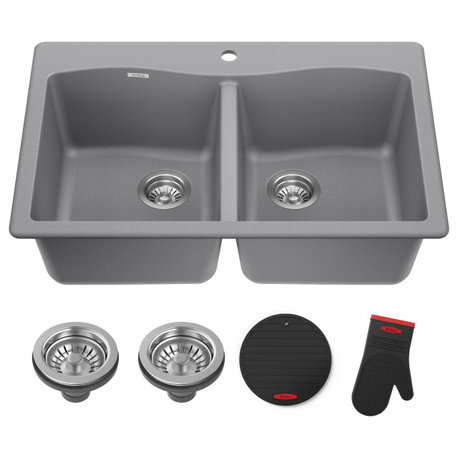 Forteza 33" Drop-In Undermount Granite Composite 50/50 Kitchen Sink, Grey