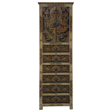 Chinese Light Olive Golden Dragons Tall Slim Multi Drawers Cabinet Hcs7632