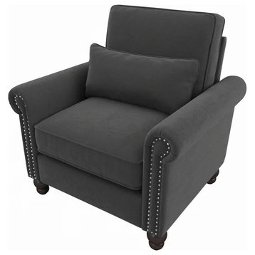 Accent Chair, Lumbar Pillow and Nailhead Rolled Arms, Charcoal Gray Herringbone