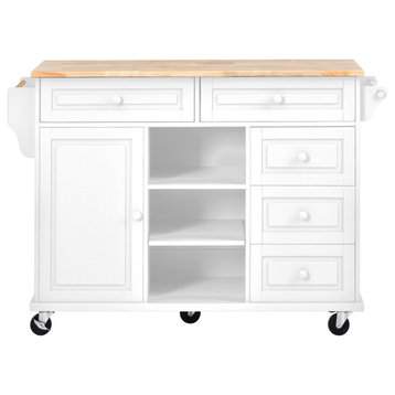 Multifunctional Rubber Wood Desktop Kitchen Cart, Adjustable Shelves, White