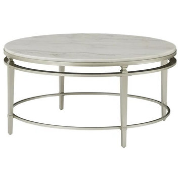 Contemporary Coffee Table, Champagne Silver Finished Frame, Elegant Marble Top
