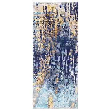 Hand Knotted Blue Mosaic Design Wool and Silk Oriental Runner Rug, 2'6" x 5'10"