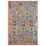 Bareens Designer Rugs - Tribal Turkish Kilim King Hand-Woven Wool Rug - 8'3'' x 11'2'' - Elevate the elegance of your home with this stunning hand-woven tribal Kilim wool rug. Meticulously crafted on a loom by the Nomad Turkman people using hand-spun wool and 100% natural vegetable dyes, these rugs are recognized for their repetitive geometric patterns, incorporating naturalistic floral and traditional designs. The contemporary fashion palette results in bold, sharp patterns that are incredibly versatile, as the pattern is the same on both sides. These reversible rugs feature a lighter shade on one side and brighter colors on the other, providing versatility according to preference. These unique rugs are made by knotting short strands of different colors onto the warps and securing them by tightly pressing the wefts. The designs are created by interweaving the various colored wefts and warps. Kilims are known for their exceptional durability and versatility, making them truly unique rugs.  Product Details    Rug Size: 8'3'' x 11'2''  Material: 100% Wool  Style: Kilim, Flat Weave, Dhurrie, Turkish, Southwestern, Rustic, Tribal  Colors: Blue, Rust  Weave Type: Hand-Woven, Handmade  Pile Height: Less than 0.25 inch