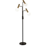 Adesso - Sinclair LED 3-Arm Floor Lamp - Add a unique contemporary accent to your living space with the Sinclair LED 3-Arm Floor Lamp. Adjustable elongated antique brass sockets paired with round frosted glass globes create the perfect contrast of both shape and color. A beautiful glow casts 1,650 lumens of warm lighting for your living space, fully dimmable by a simple rotary switch. A black fabric covered twisted cord complements the slim black pole and flat black metal base perfectly.  This lamp is smart outlet compatible. The LED bulbs are integrated into the lamp and are not replaceable, but last 50,000 hours.