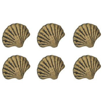 Set of 6 Gold Cast Iron Scallop Sea Shell Drawer Pulls Nautical Cabinet Knobs