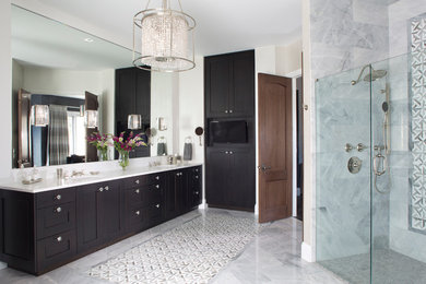 Bathroom - large modern master mosaic tile floor bathroom idea in Denver with gray walls
