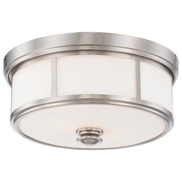2-Light Flush Mount, Brushed Nickel With Etched Opal Glass