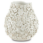 Currey & Company - Jessamine White Vase - With a surface that is studded with beautifully fashioned white flowers, the Jessamine White Vase is truly an artisanal piece. Rather than apply one type of bloom, a number of floral shapes are intermingled to give the white decorative accessory a charm that is heightened by the top edge that undulates. The handmade character of the piece comes from the fact that each flower is created individually and applied, one-by-one, by hand. We also offer the Jessamine as a lamp.