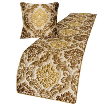 Gold Silk Twin 53"x18" Bed Throws Runner & Pillow Cover, Damask, Royal Mughal