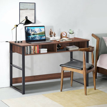 Modern Desk, Black Legs With Spacious Worktop & 2 Open Compartments, Brown