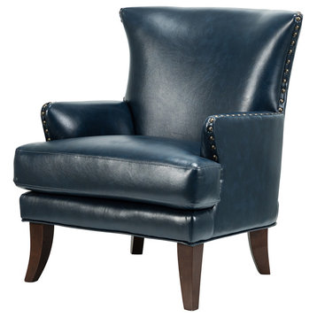 Classic Wooden Upholstered Leather Armchair, Navy