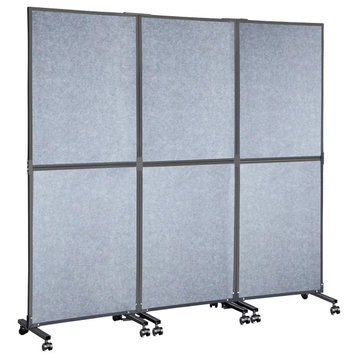 Modern Room Divider, Metal Frame With Wheels & Polyester Panels, Light Gray