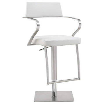 Contemporary Bar Stool, Square Polished Base & Padded Faux Leather Seat, White