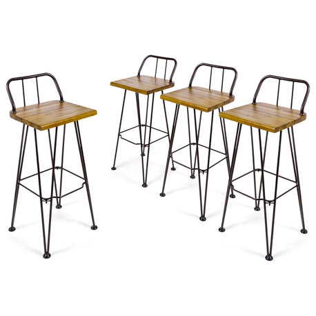 GDF Studio Outdoor Teak Finish Acacia Wood Barstools With Iron Frame, Set of 4