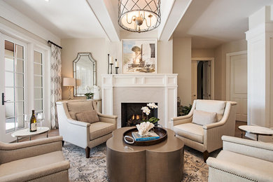 Inspiration for a mid-sized transitional formal and open concept medium tone wood floor and brown floor living room remodel in Other with gray walls, a standard fireplace and a stone fireplace