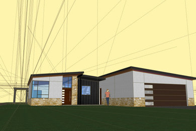 Diseño de fachada de casa beige y negra retro de tamaño medio de una planta con revestimientos combinados, tejado de un solo tendido, tejado de metal y panel y listón