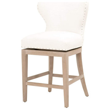 Transitional Counter Stool, Swivel Padded Seat With Nailhead Trim Accents, White