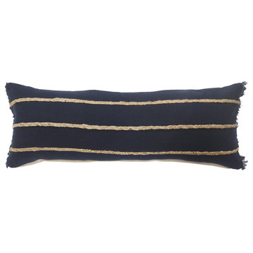 Atlantis Americana Solid Lumbar Pillow with Jute Braiding, Navy/Tan
