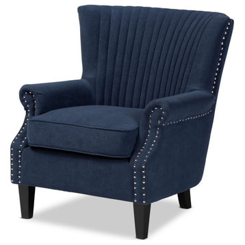 Barrera Classic Navy Blue Velvet Fabric Upholstered Armchair