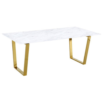Modern Dining Table, Gold Metal Legs With Rectangular Marble Top, White
