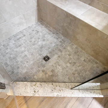 Master Bath Beige/Brown Porcelain Tiled Shower, White Vanity with Vessel Sink