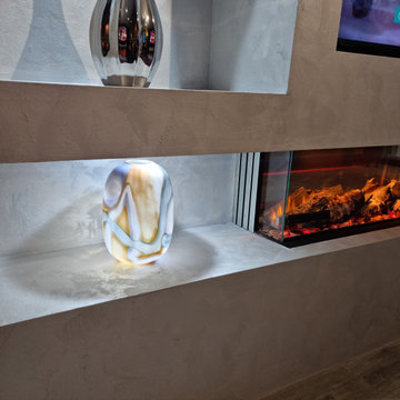Mediawall Display - Large Alcoves, Electric Fireplace, Silver Textured Paint