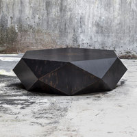 Faceted Large Round Wood Coffee Table, Modern Geometric Block Solid