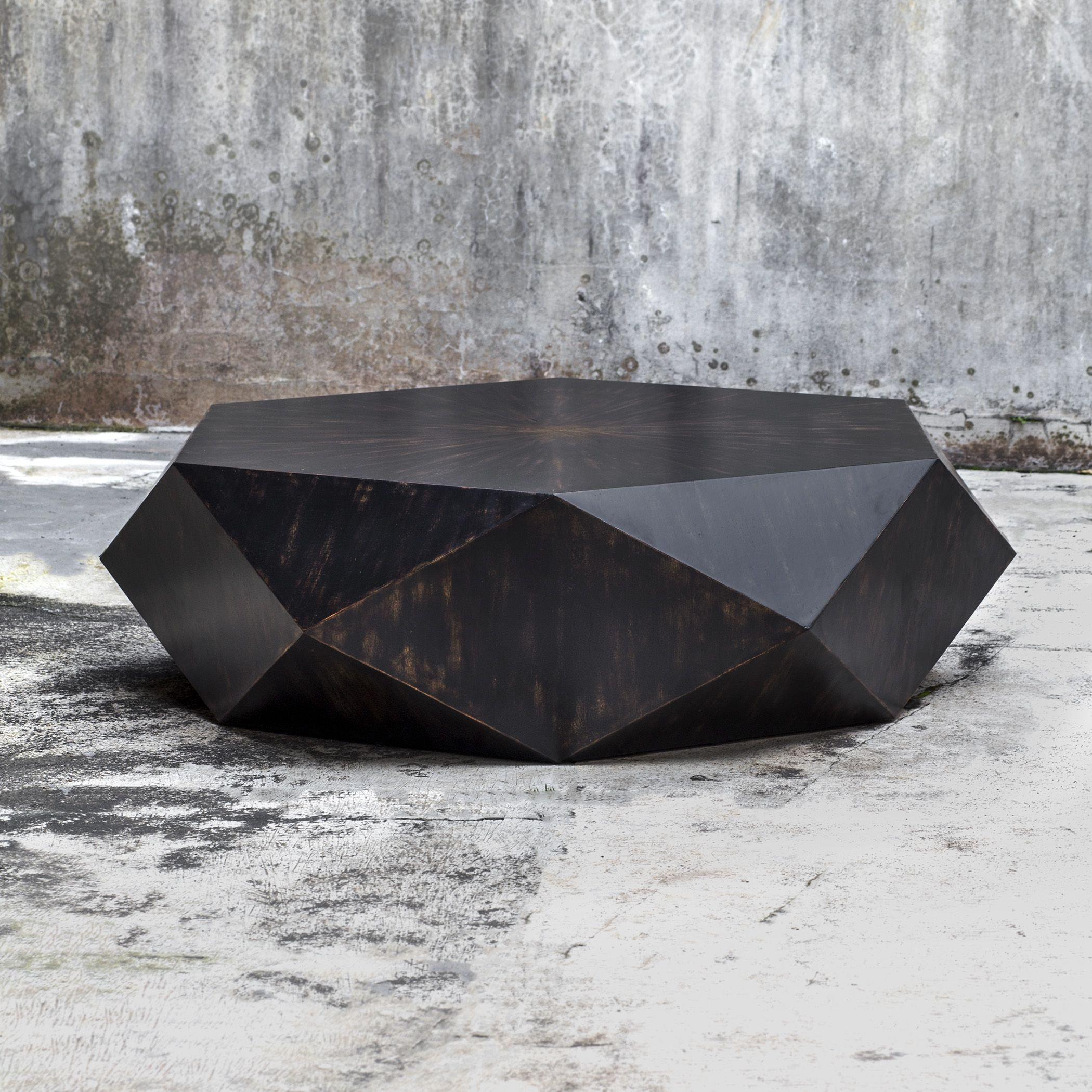 Faceted Large Round Wood Coffee Table, Modern Geometric Block Solid