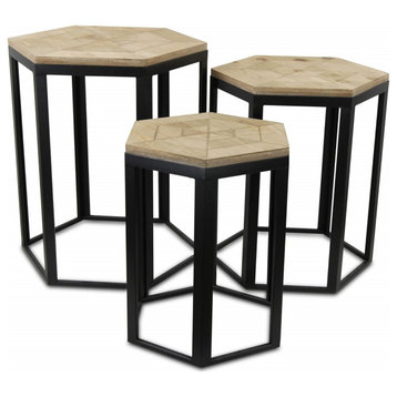Set of 2 End Table, Nesting Design With Hexagonal Shape & Hardwood Top, Brown