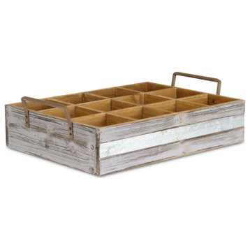Wooden 12 Compartment Caddy With Metal Accent And Side Handles