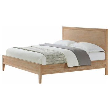 Platform Bed, Pine Wood Construction Wood With Panel Headboard, Driftwood, Queen