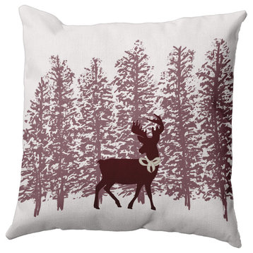 Christmas Burgandy Reindeer Through the Woods Polyester Throw Pillow, 16" x 16"