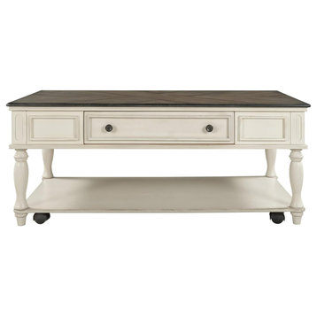 Retro Coffee Table, Hardwood Frame With Casters & Large Drawers, Antique Gray