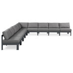 Meridian Furniture - Nizuc Water Resistant Patio L-Shaped Modular Sectional, Gray, 9-Piece: 8 Armless Chair, 1 Corner Chair, Dark Gray Aluminum Frame - Pick and choose your favorites from the Nizuc collection to create a modular seating group the whole gang will enjoy. The sturdy aluminum frame provides dependable support for friends and family as they relax and unwind, and the resilient grey water resistant fabric stands up to the elements without losing its beautiful demeanor, so you can count on it lasting for the long haul. Latches beneath these seating pieces help you easily attach them to one another for convenient setup.