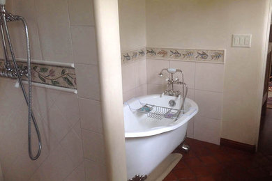Mid-sized master beige tile and ceramic tile terra-cotta tile bathroom photo in San Francisco with beige walls