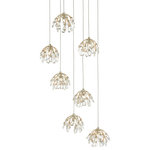 Currey & Company - Crystal Bud 7-Light Multi-Drop Pendant - The Crystal Bud 7-Light Multi-Drop Pendant dangles flowers made of delicate faceted crystals from its canopy to make the shades effervescent and graceful. The silver pendant is luminous in its mix of painted silver and contemporary silver leaf finishes. This fixture is among Currey & Company's introduction of cluster lights, which includes 1-light up to 36-light configurations. We also have a number of chandeliers and orbs, and a wall sconce in this family of fixtures.