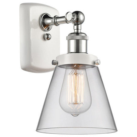 Ballston Small Cone 1 Light Wall Sconce, White and Polished Chrome, Clear Glass