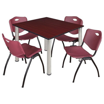 Kee 48" Square Breakroom Table, Mahogany/Chrome and 4 'M' Stack Chairs, Burgundy