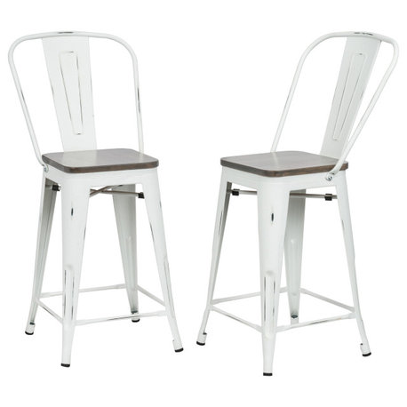 Ash 24" Wood Seat Counter Stool Set of 2, Matte White and Elm